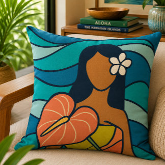 Retro Hawaiian Anthurium Lady Ocean Art Cushion