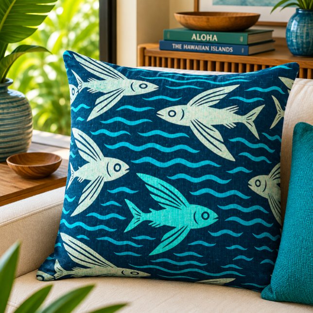 Retro Hawaiian Flying Fish Ocean Waves Pattern Cushion (Creator Uploaded)
