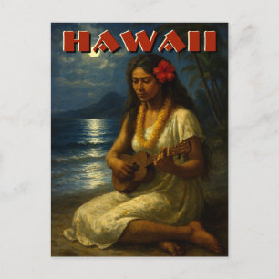 Retro Hawaiian Girl & Ukulele At Moonlit Beach Postcard