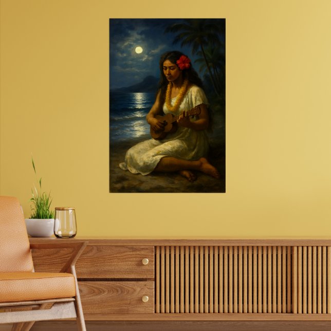 Retro Hawaiian Girl & Ukulele On A Moonlit Beach Poster (Living Room 2)