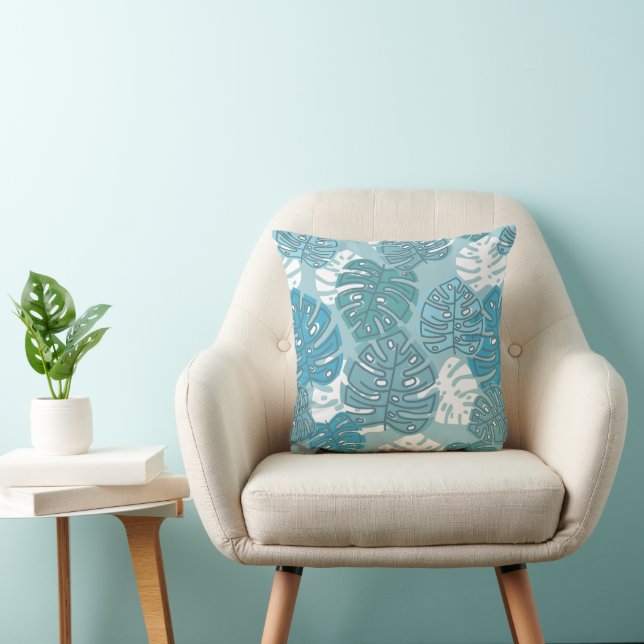 Retro Hawaiian Monstera Leaf Cool Blues Cushion (Chair)