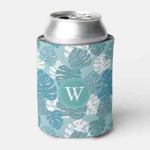 Retro Hawaiian Monstera Leaf Summer Blues Can Cooler
