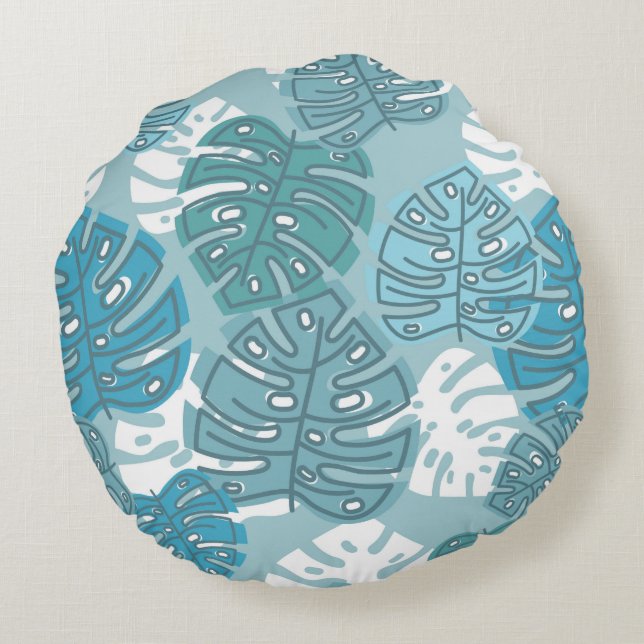 Retro Hawaiian Monstera Leaf Summer Blues Round Cushion (Back)