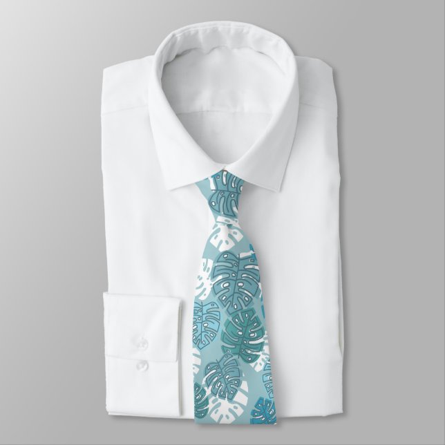Retro Hawaiian Monstera Leaf Summer Blues Tie (Tied)