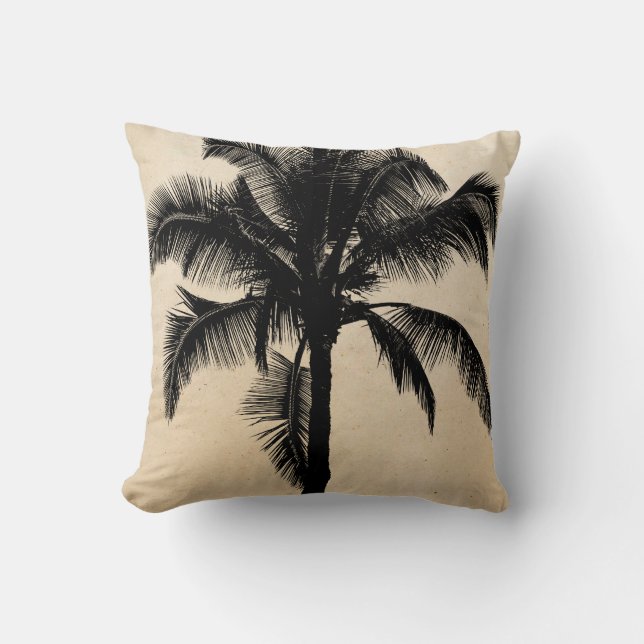 Retro Hawaiian Tropical Palm Tree Silhouette Black Cushion (Front)