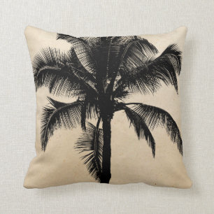 Retro Hawaiian Tropical Palm Tree Silhouette Black Cushion