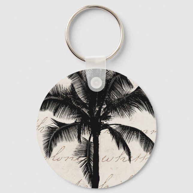 Retro Hawaiian Tropical Palm Tree Silhouette Black Key Ring (Front)