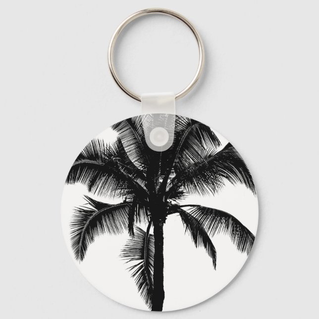 Retro Hawaiian Tropical Palm Tree Silhouette Black Key Ring (Front)