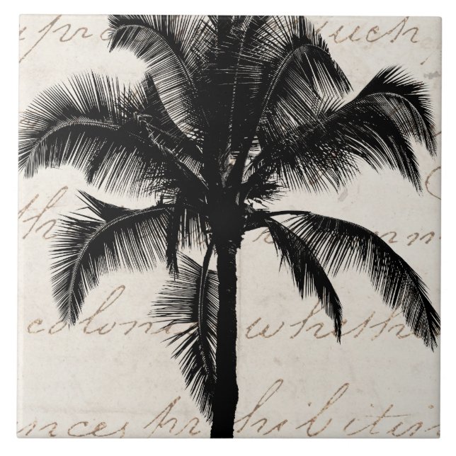 Retro Hawaiian Tropical Palm Tree Silhouette Black Tile (Front)