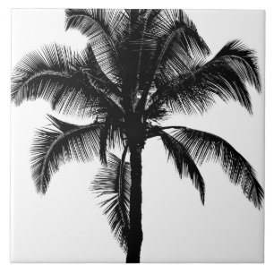 Retro Hawaiian Tropical Palm Tree Silhouette Black Tile