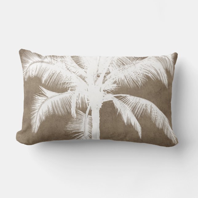 Retro Hawaiian Tropical Palm Tree Silhouette White Lumbar Cushion (Front)