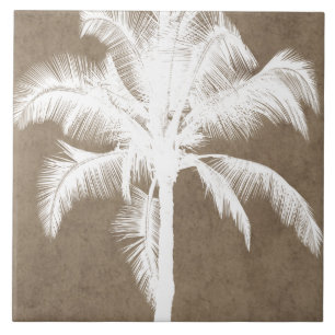 Retro Hawaiian Tropical Palm Tree Silhouette White Tile