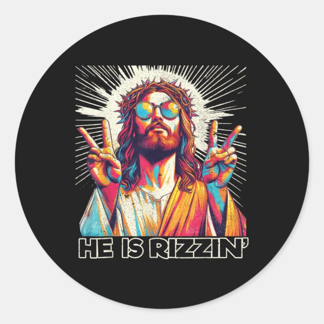 Retro He Is Rizzin Funny Jesus Has Rizzen Easter C Classic Round Sticker (Front)