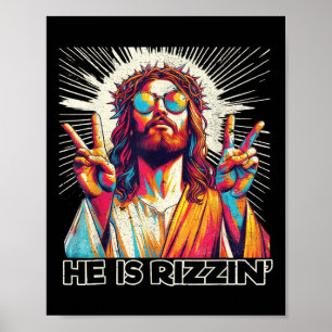 Retro He Is Rizzin Funny Jesus Has Rizzen Easter C Poster