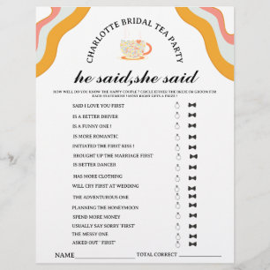 Retro He said She said Bridal Tea Party Game  Flyer