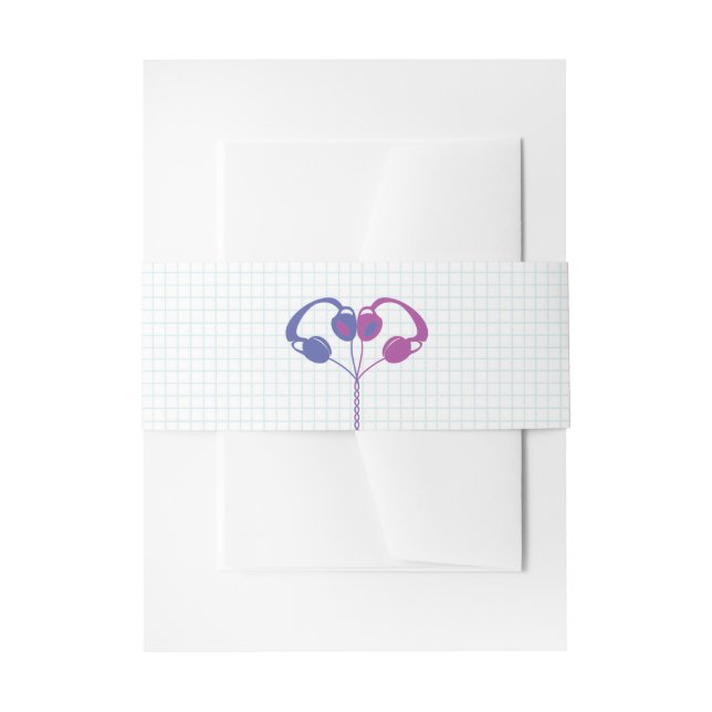 Retro Headphones Heart Music Wedding Purple Indigo Invitation Belly Band (Front Example)