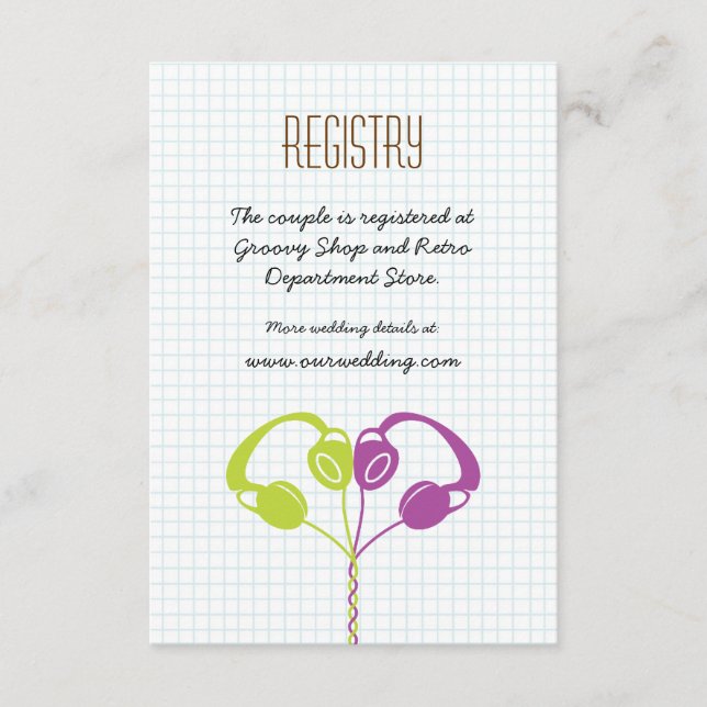 Retro Headphones Heart Music Wedding Purple Lime Enclosure Card (Front)