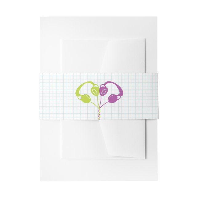 Retro Headphones Heart Music Wedding Purple Lime Invitation Belly Band (Front Example)