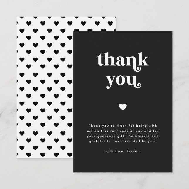Retro Heart Black & White Baby Shower  Thank You Card (Front/Back)
