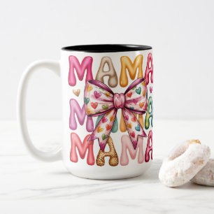 Retro Heart Bow Mama Stacked Design Two-Tone Coffee Mug