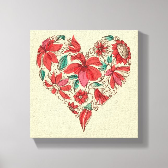 Retro heart of flowers love symbol canvas print (Front)