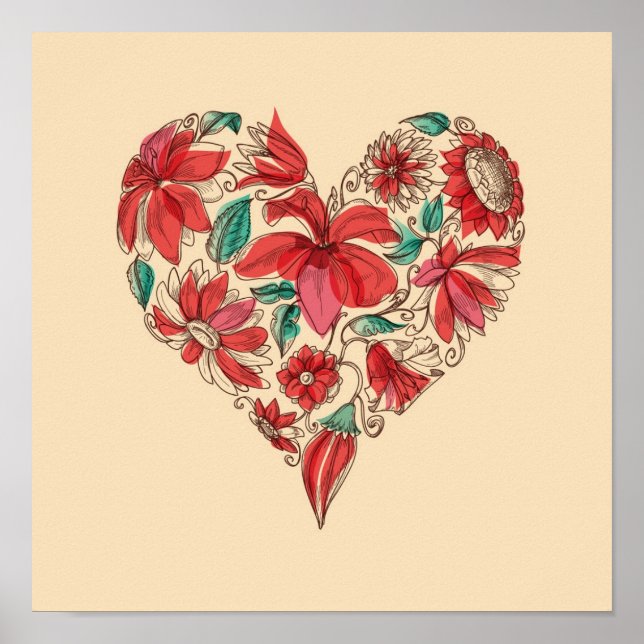 Retro heart of flowers love symbol poster (Front)