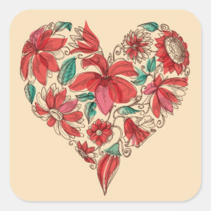 Retro heart of flowers love symbol square sticker