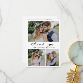 Retro Heart Script 4 Photo Collage Wedding Thank You Card