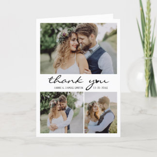 Retro Heart Script 4 Photo Collage Wedding Thank You Card