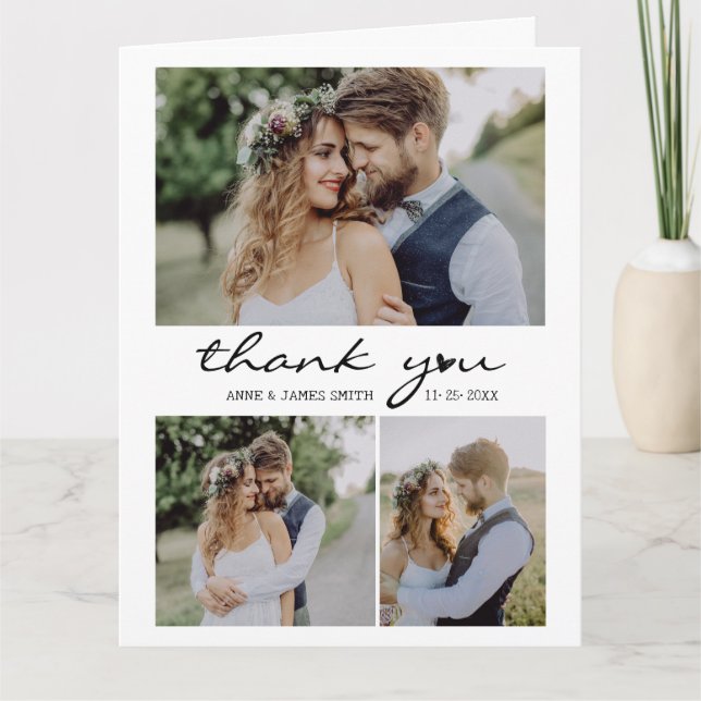 Retro Heart Script 4 Photo Collage Wedding Thank You Card (Front)
