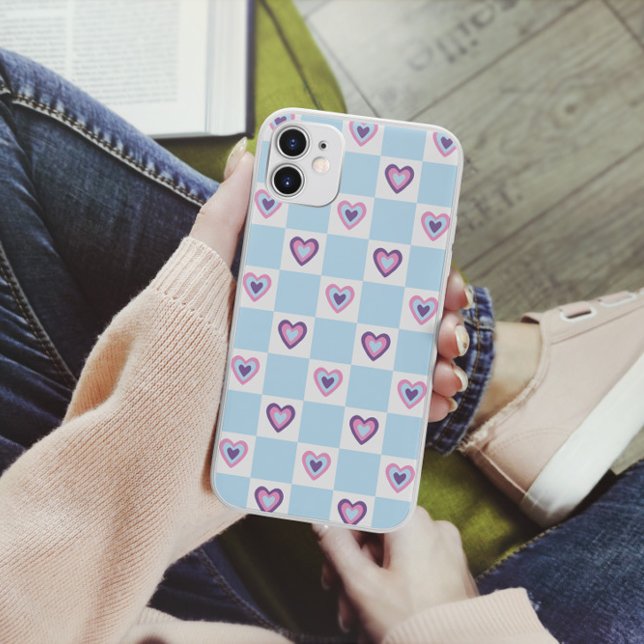 Retro Hearts Chequered Chequered Light blue Patter Case-Mate iPhone Case (Creator Uploaded)
