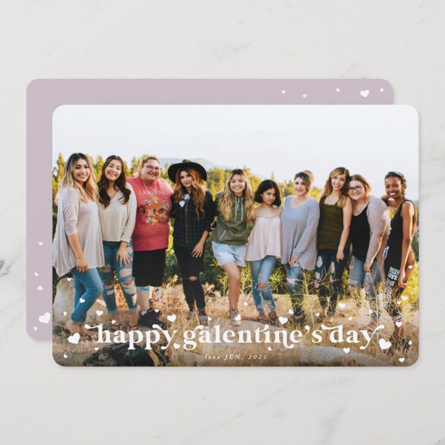 Retro Hearts Happy Galentine's Day Photo Card (Front/Back)
