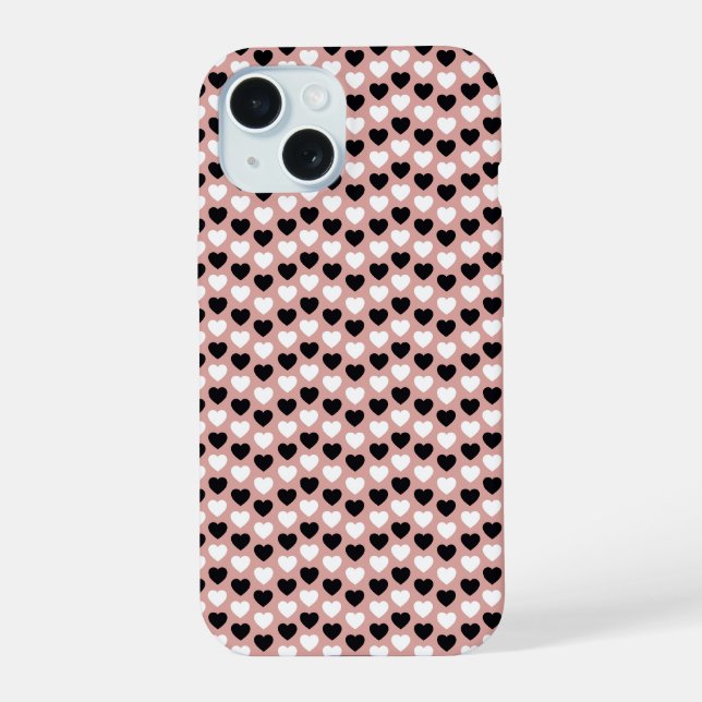 Retro Hearts Pink Black & White iPhone 15 Case (Back)