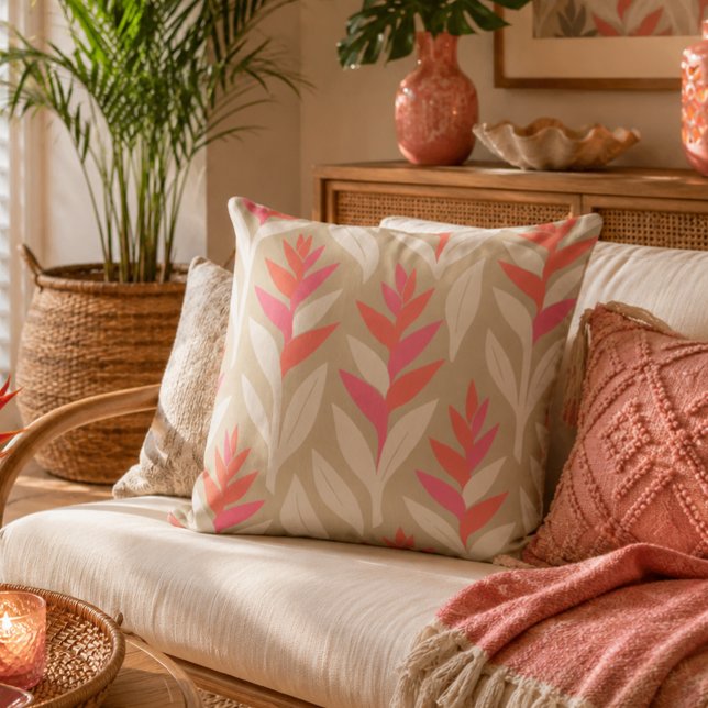 Retro Heliconia Flower Pattern Pillow Taupe (Creator Uploaded)
