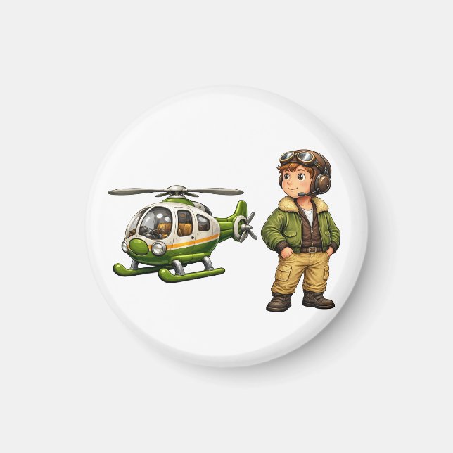 Retro Helicopter Pilot Boy with Vintage Chopper Magnet (Front)