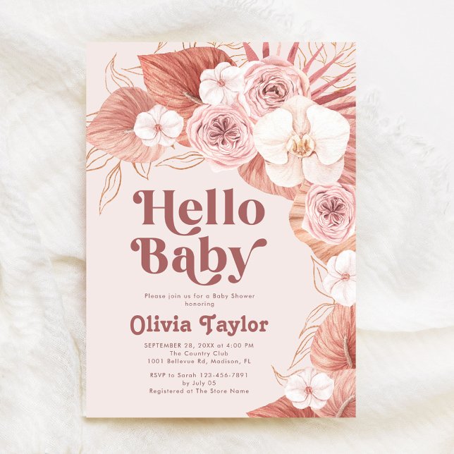 Retro Hello Baby Botanical Girl Baby Shower Invitation (Creator Uploaded)