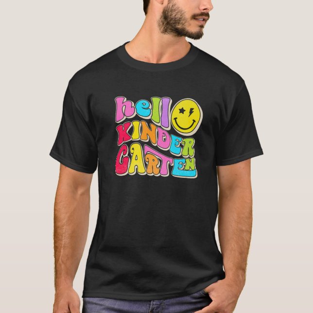 Retro Hello Kindergarten Happy Face Kinder Back To T-Shirt (Front)