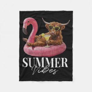 Retro Hello Summer Vibes Highland Cow Funny Beach Fleece Blanket
