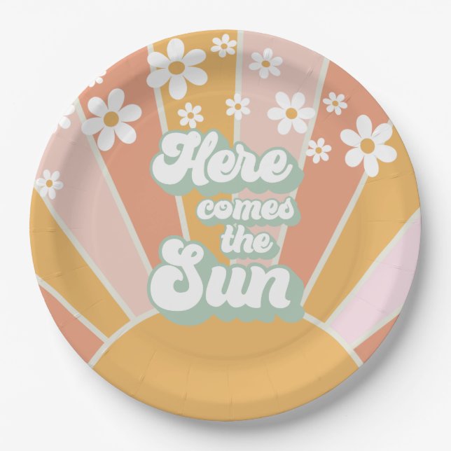 Retro Here comes the Sun Daisy boho birthday Paper Plate (Front)