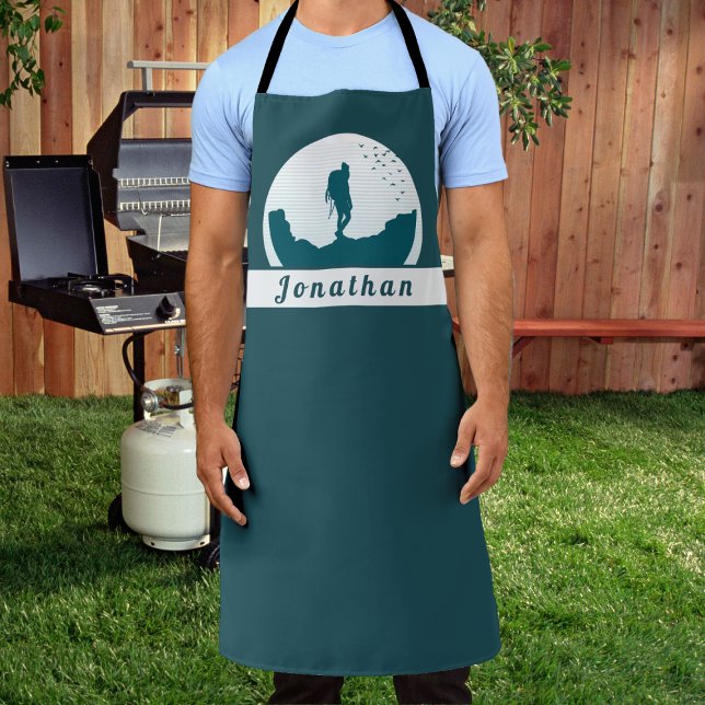 Retro Hiking Camping Landscape Custom Name Teal    Apron (Creator Uploaded)