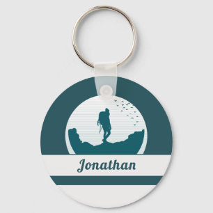 Retro Hiking Camping Landscape Custom Name Teal   Key Ring