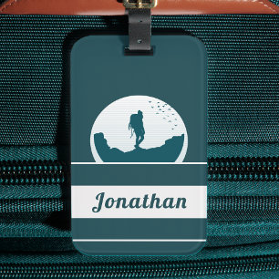 Retro Hiking Camping Landscape Custom Name Teal    Luggage Tag