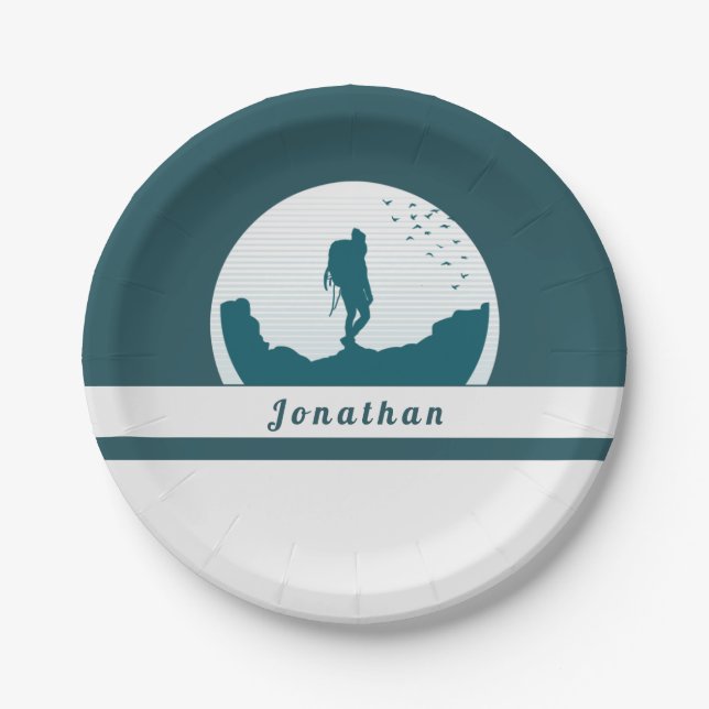 Retro Hiking Camping Landscape Custom Name Teal Paper Plate (Front)