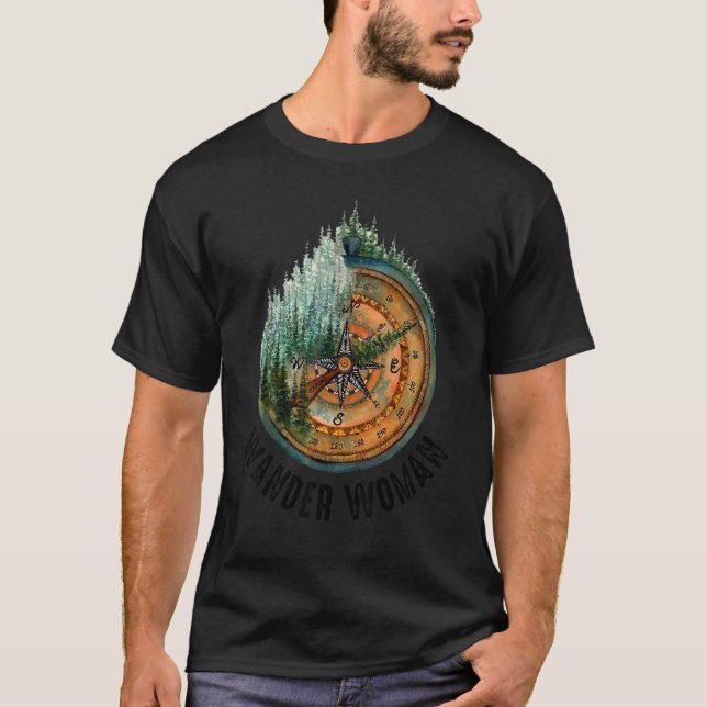 Retro Hiking Mountain Wander Woman Compass Camping T-Shirt (Front)