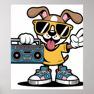Retro Hip Hop Dog: Cool Cartoon Puppy  Poster