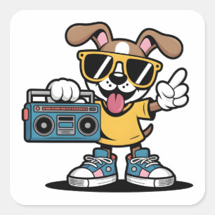 Retro Hip Hop Dog: Cool Cartoon Puppy Square Sticker