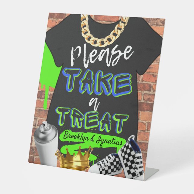 Retro Hip Hop Urban Please Take a Treat Pedestal Sign (Front)