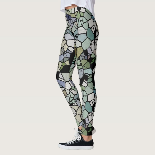 Retro Hip Taupe Teal Blue Green Mosaic Art Pattern Leggings (Left)