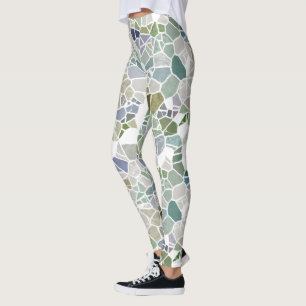 Retro Hip Teal Blue Green Taupe Mosaic Art Pattern Leggings