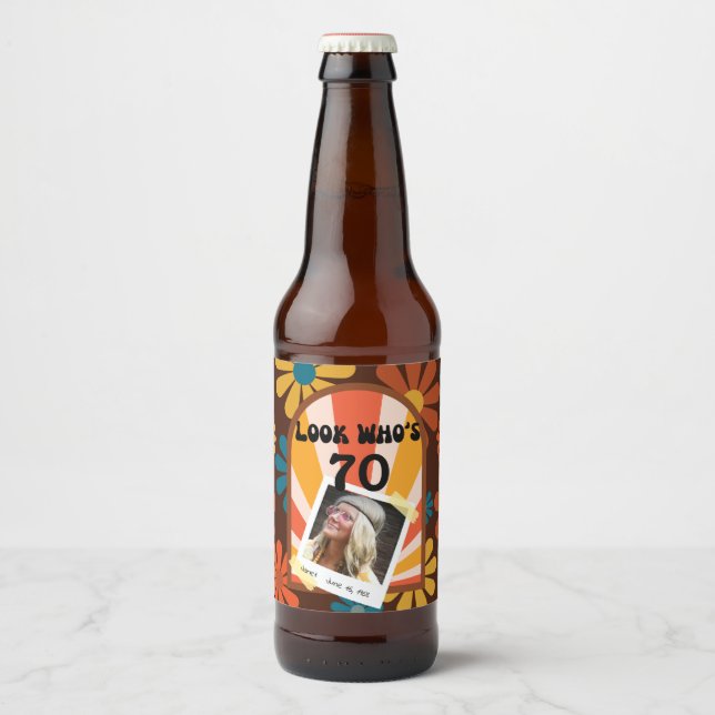 Retro Hippie 60's Custom Photo 70th Birthday Beer Bottle Label (Front)